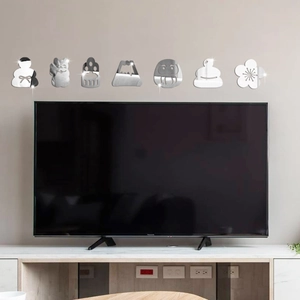 Detailed acrylic mirror wall stickers featuring Japanese culture icons above a TV set