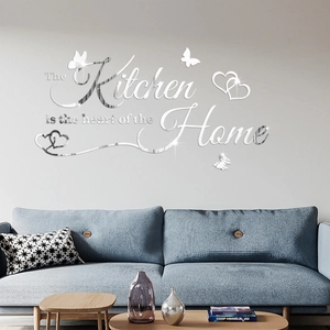 Macro detail of silver mirror acrylic kitchen wall sticker with 3D heart butterfly design