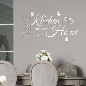 Silver mirror acrylic kitchen wall sticker with heart and butterfly decor on grey wall