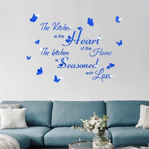 3D mirror acrylic kitchen wall stickers with heart and butterfly decor in deep blue