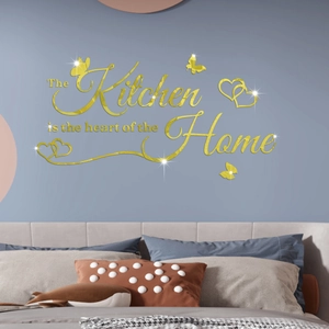 Golden 3D acrylic mirror wall sticker with The Kitchen is the heart of the Home design