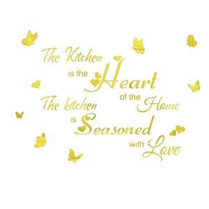 Detail of 3D gold mirror acrylic kitchen wall stickers with heart and butterfly patterns