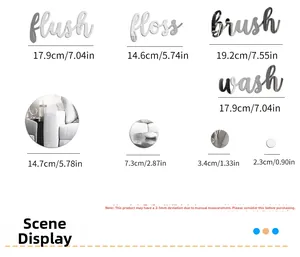 Detailed size guide for silver acrylic mirror wall stickers featuring Flush Floss Brush Wash
