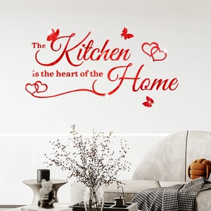 Macro view of 3D red acrylic mirror wall sticker with The Kitchen is the heart of the Home text