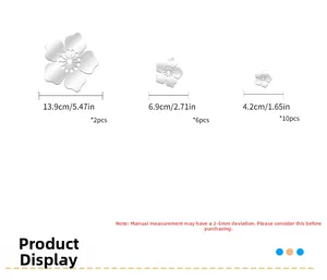 Detailed size guide for 18-piece 3D acrylic mirror flower wall stickers in silver