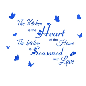 3D acrylic wall decal featuring blue kitchen inspirational quotes and butterfly heart motifs