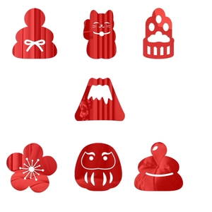Red acrylic Japanese theme wall stickers featuring Maneki Neko and Fuji Mountain icons
