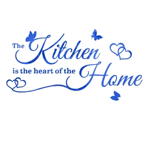 Blue 3D acrylic wall decal with Kitchen is the Heart of the Home text and butterflies