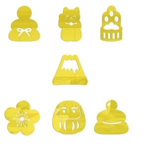 Detailed view of 7-piece golden acrylic mirror wall stickers with Japanese cultural icons