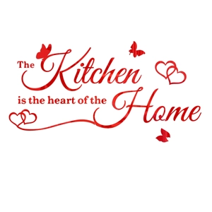 3D red acrylic kitchen wall sticker with Heart of the Home quote and butterfly