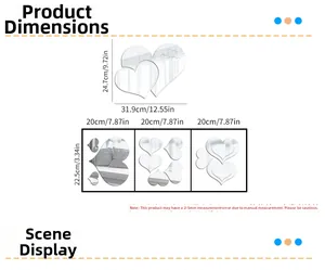 Detailed dimension guide for 3D heart mirror wall stickers showing various sizes and scales