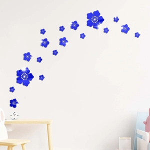 3D acrylic mirror blue flower wall stickers for creative modern home decoration