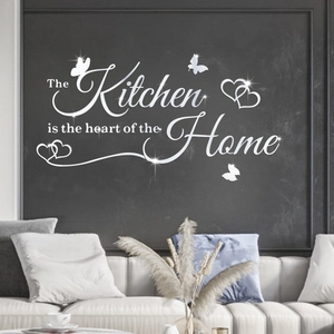 3D Acrylic Mirror Wall Sticker The Kitchen Is The Heart Of The Home Lettering Butterfly Heart DIY Home Decor Mural Decal