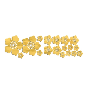 Detailed set of 3D acrylic flower mirror wall stickers in a glossy golden finish