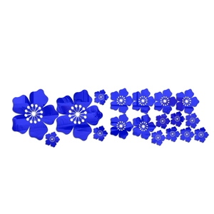 Detail of 20 piece blue acrylic 3D flower mirror wall stickers with reflective finish