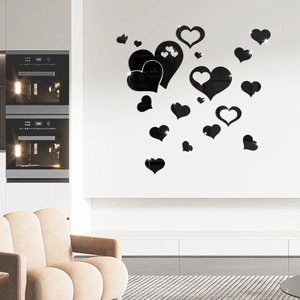 Black 3D acrylic heart wall decals with mirror finish for modern living room decoration