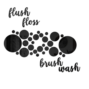 Detail of glossy black acrylic mirror wall stickers with bathroom text and dots