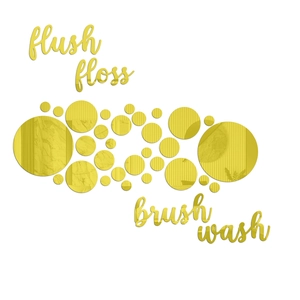 Detail of gold mirror acrylic bathroom wall decals with flush floss brush wash text
