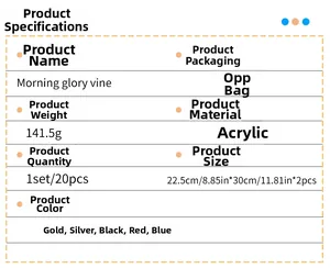 Specifications chart for acrylic morning glory vine wall stickers in multiple colors