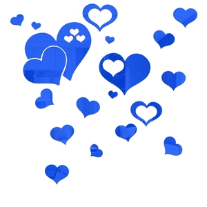 Blue 3D heart-shaped mirror wall stickers for living room decor in various sizes