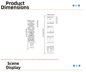 Detailed size chart for 3D acrylic mirror HOME wall stickers with full dimensions