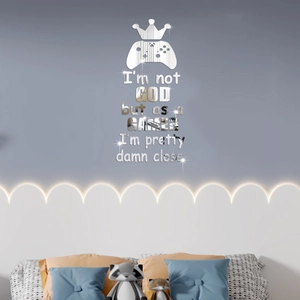 Gamer-themed silver acrylic mirror wall stickers with crown and gamepad icons