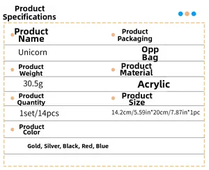 Technical specifications chart for 14-piece acrylic unicorn wall stickers set