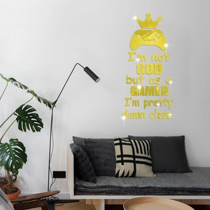 Mirror gold gamer wall sticker with game controller and crown for modern home decor