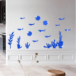 Blue acrylic mirror wall stickers with marine life fish and coral for room decoration