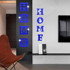 3D blue acrylic mirror HOME wall stickers for living room decor with reflective surface