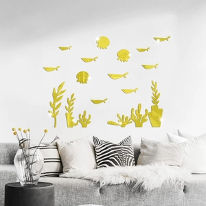 3D acrylic mirror fish wall stickers in gold for modern living room decor
