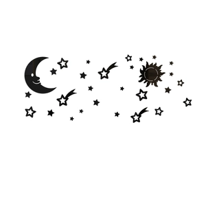 Adesivi murali 3D in acrilico a specchio con luna, sole e stelle in nero lucido