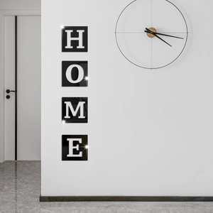 Detail showing 3D acrylic mirror wall stickers forming the word HOME on a white wall