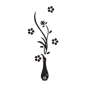 Adesivo murale specchio in acrilico nero con vaso di fiori e rami decorativi moderni