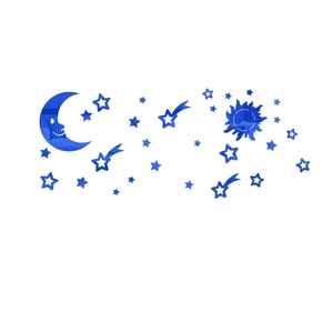 Dettaglio di adesivi murali specchiati in acrilico blu con luna, sole e stelle