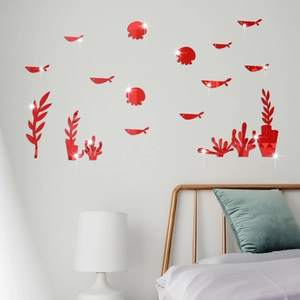 Detail of red acrylic mirror wall stickers with marine life patterns on a bedroom wall