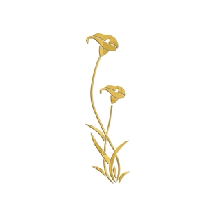 Macro detail of golden acrylic calla lily wall sticker with glossy mirror finish