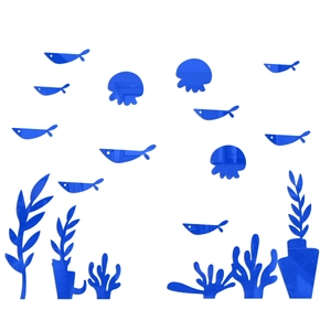 Detail of blue acrylic mirror wall stickers featuring fish and jellyfish ocean designs