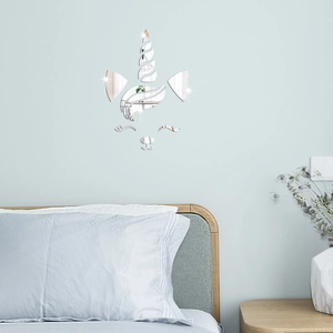Detail of 3D acrylic unicorn mirror wall stickers in a minimalist Nordic bedroom setting