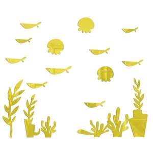 Detailed golden mirror acrylic wall sticker featuring marine fish and coral patterns