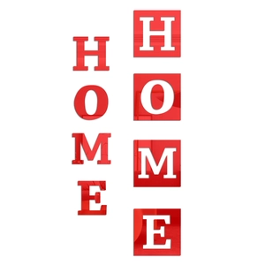 Detail view of red 3D acrylic HOME mirror wall stickers in square and hollow designs