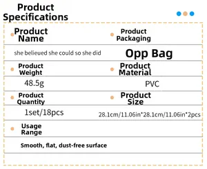Detailed specifications table for PVC wall stickers showing 28.1cm size and 18pcs set