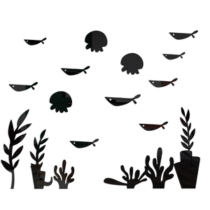 Detailed set of black acrylic wall stickers featuring sea grass, jellyfish, and fish silhouettes