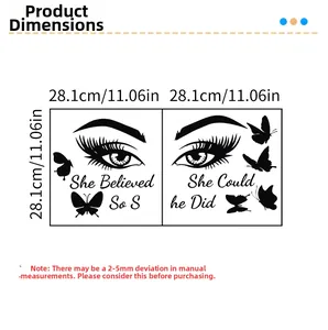 Detailed dimensions of eye-themed wall decals with butterflies and inspirational text