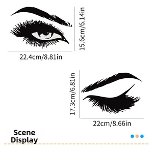 Detailed view of black eye and eyebrow wall decals with precise dimension markings