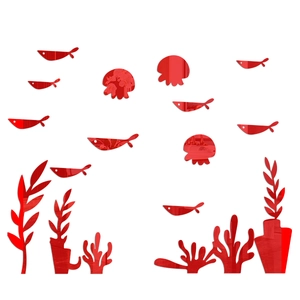 Red 3D mirror acrylic sea life wall stickers featuring fish, jellyfish and coral decor