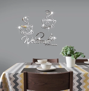 3D acrylic mirror coffee cup wall decal with 'Welcome to our home' lettering in silver