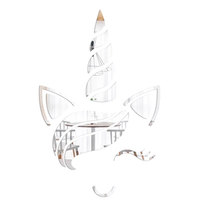Macro detail of acrylic unicorn mirror wall stickers with reflective surface on white background