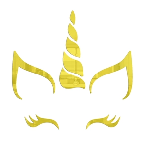Detailed view of 5-piece gold mirror unicorn wall decals with eyelashes and spiral horn