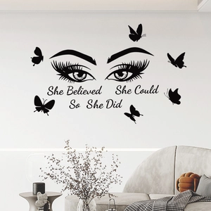 Inspirational eye wall decal with butterflies and 'She Believed She Could So She Did' quote